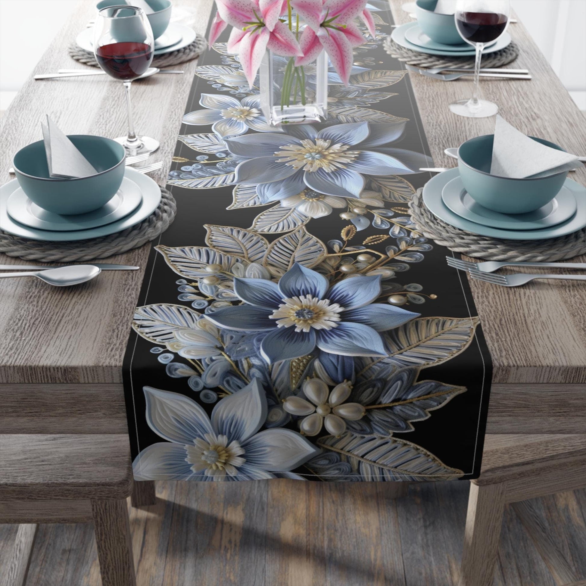 Poinsettia Table Runner – Baby Blue & Gold Christmas Table Decor | Elegant Holiday Accent