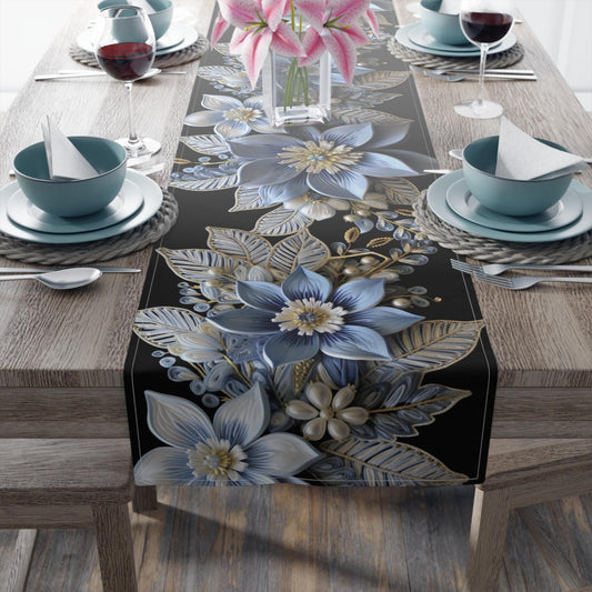Poinsettia Table Runner – Baby Blue & Gold Christmas Table Decor | Elegant Holiday Accent