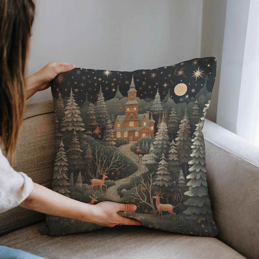 Folk Art Pillow Woven Throw Holiday Decor Cushion – Winter Castle Christmas Tree - timelessbohochic.com