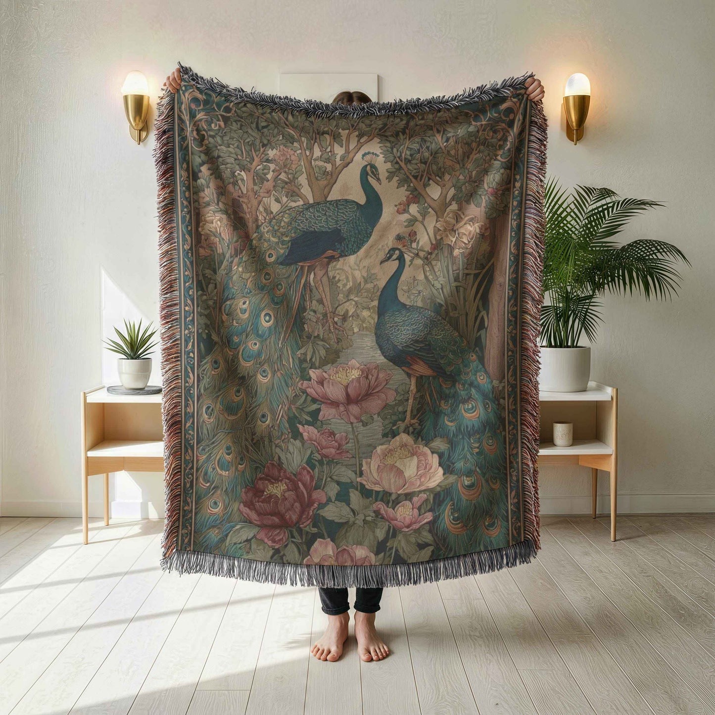 Modern Geometric woven blanket with geometric pattern styled for layered home decor