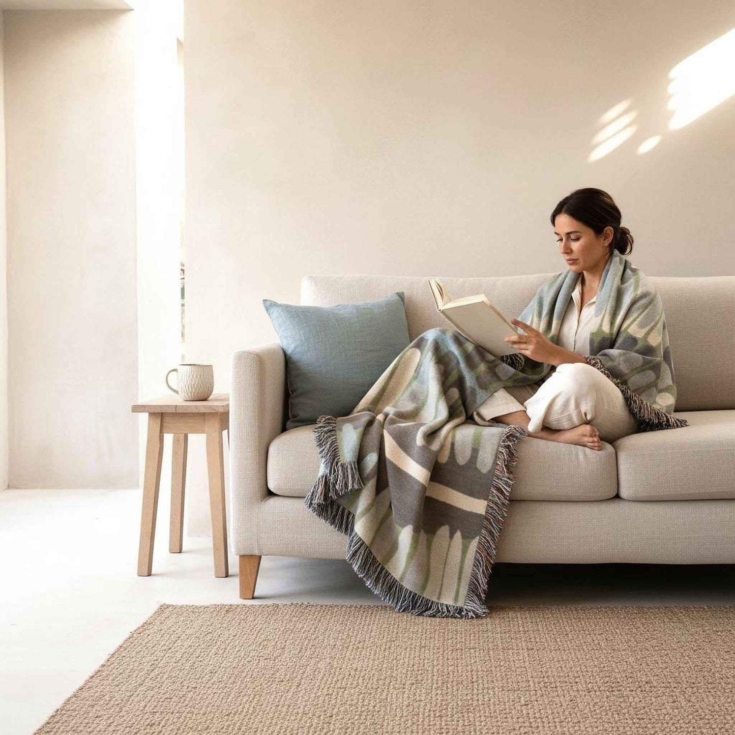 Modern Geometric woven blanket with geometric pattern styled for layered home decor