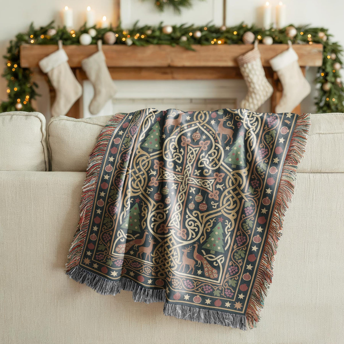 Armenian cross Christmas woven cotton blanket in dark green and gold, shown in a styled room setting