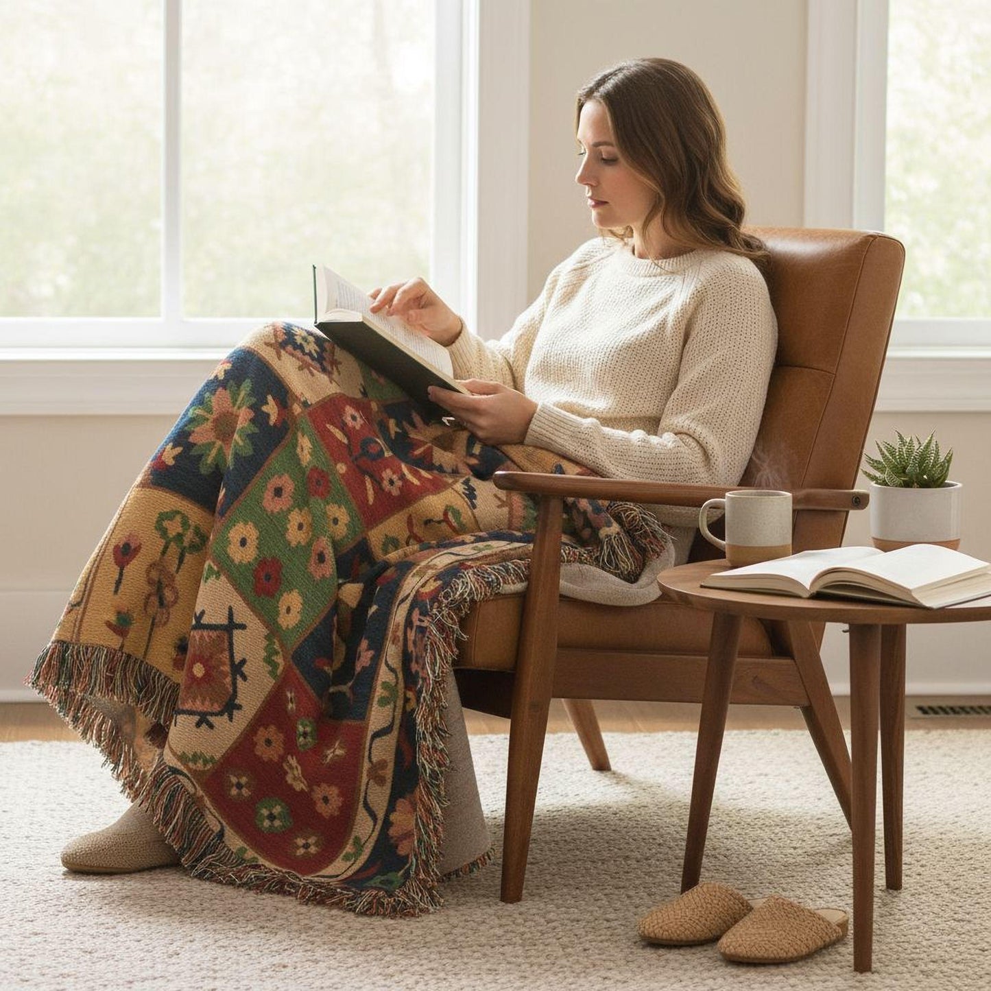 Anatolian Inspired outdoor woven throw blanket with floral pattern for patio styling