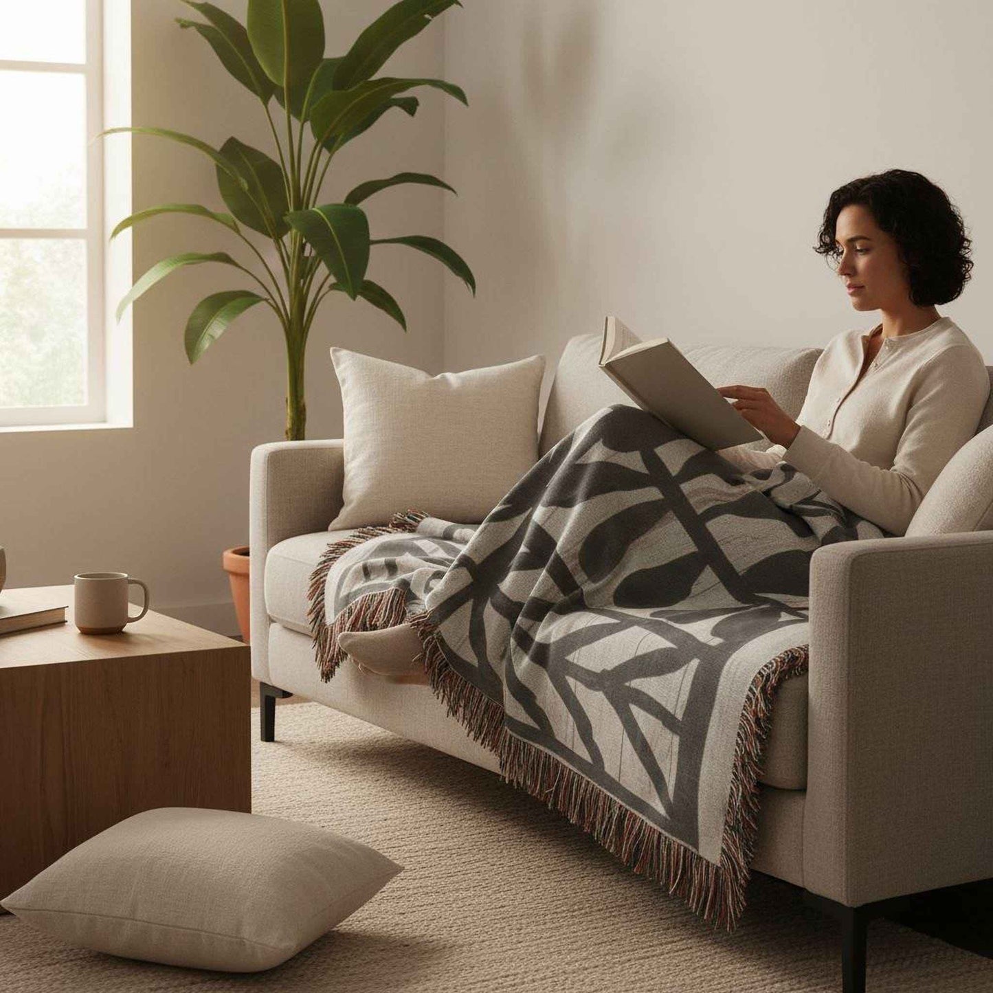 Modern Geometric woven blanket with geometric pattern styled for layered home decor