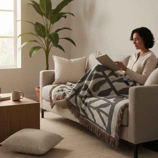 Modern Geometric woven blanket with geometric pattern styled for layered home decor