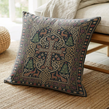 Armenian Christmas woven pillow with filling included. An ornamental Armenian cross and interlaced cream-and-gold details stand against a dark green ground, with pomegranates and a burgundy patterned border. The coordinating solid option is navy.