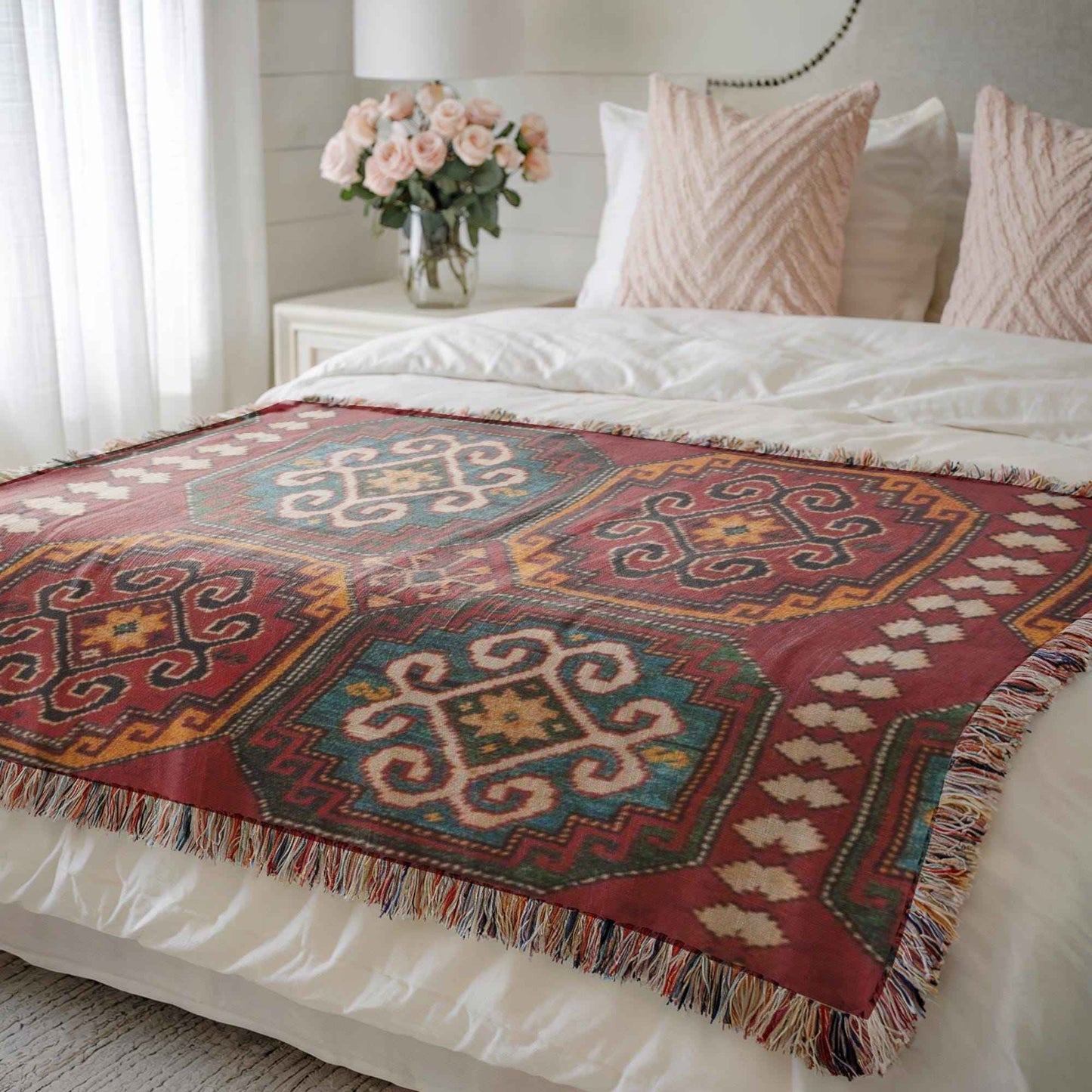 Caucasian Rug Inspired woven blanket with geometric pattern styled for layered home decor