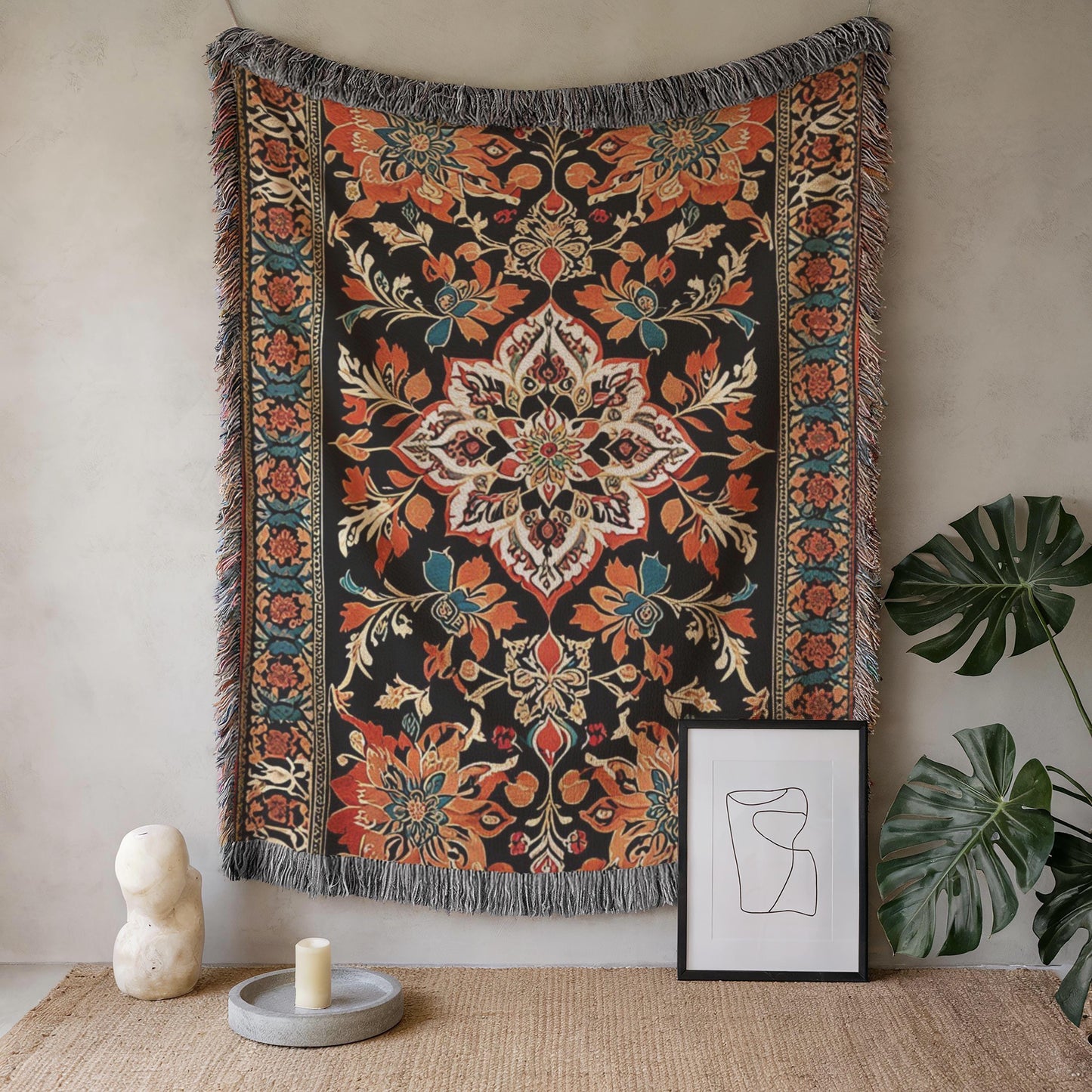 Anatolian Inspired woven wall tapestry with rug-style pattern styled as textile wall decor