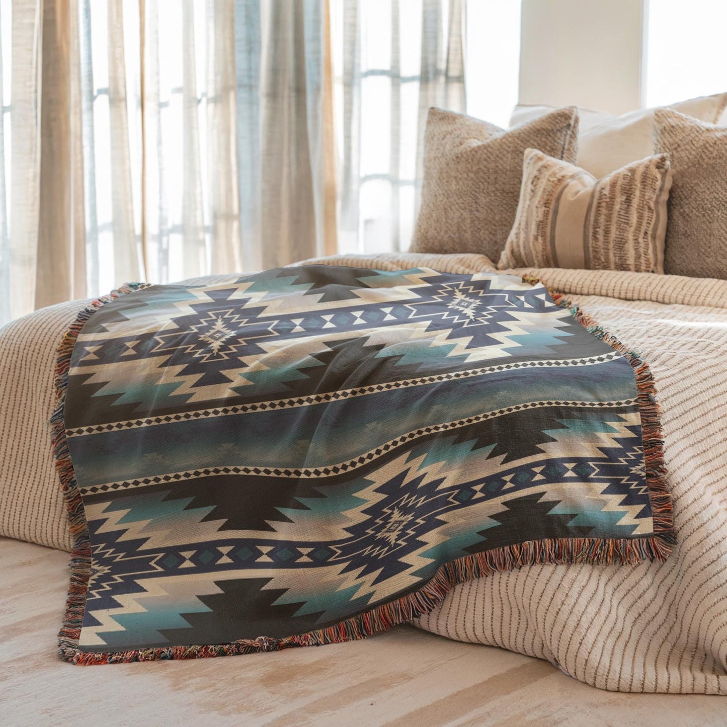 Southwestern woven blanket with geometric pattern styled for layered home decor