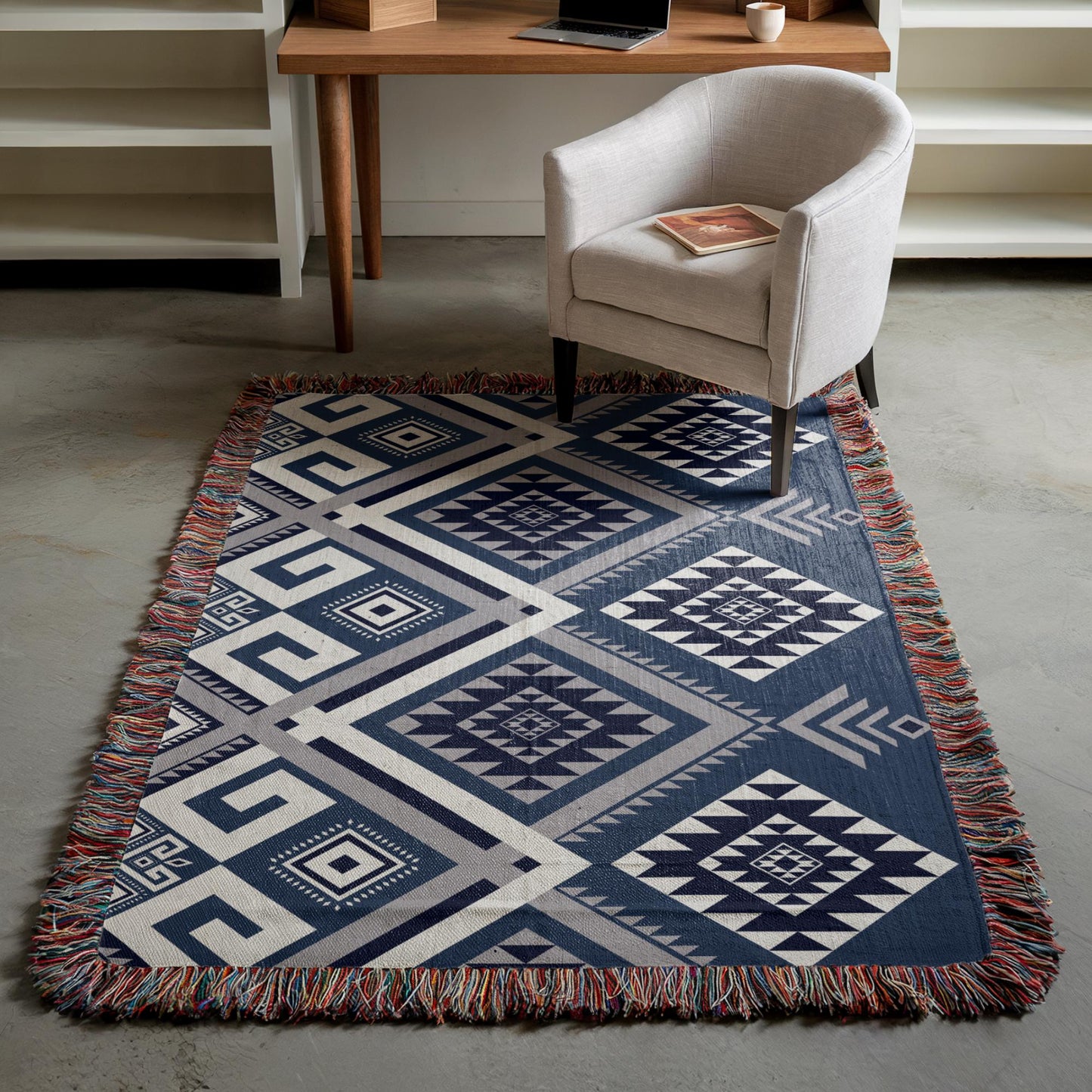 Aztec Throw Blanket – Cotton Tribal Office Chair Throw With Fringed Edges