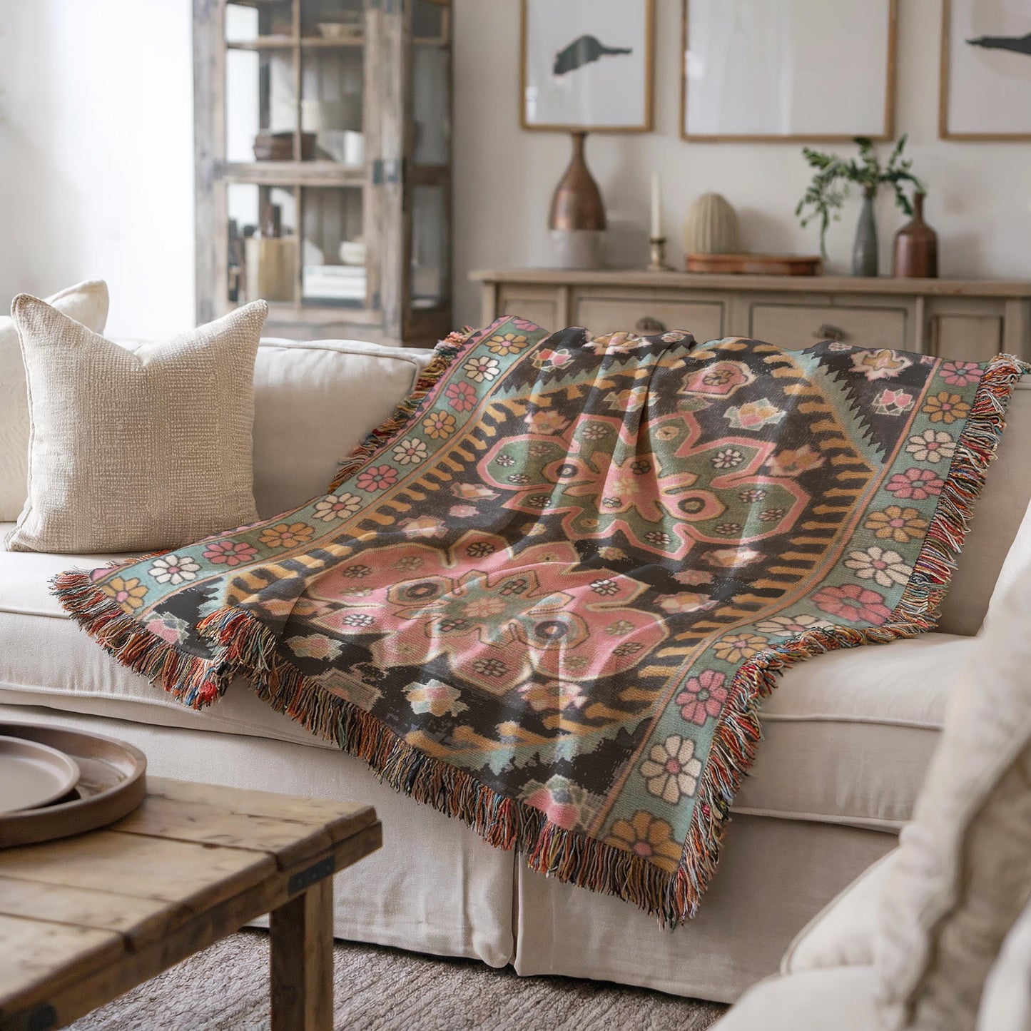 Caucasian Rug Inspired woven blanket with geometric pattern styled for layered home decor