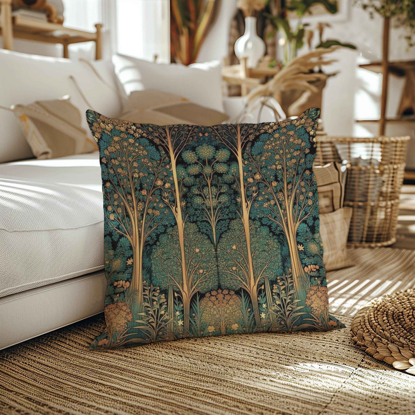 Scandinavian Inspired pillow cover with woven pattern styled on a sofa or bed