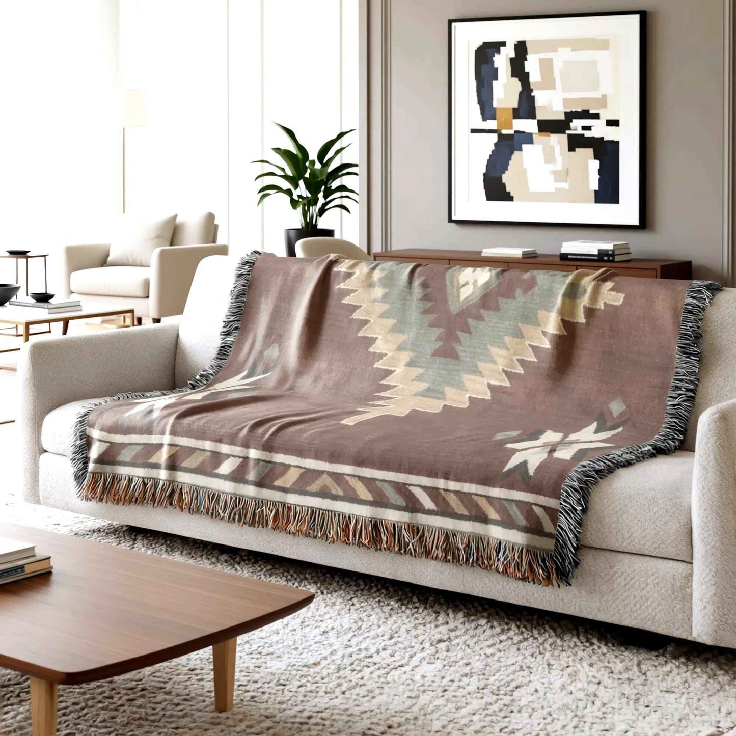 Southwestern woven blanket with geometric pattern styled for layered home decor