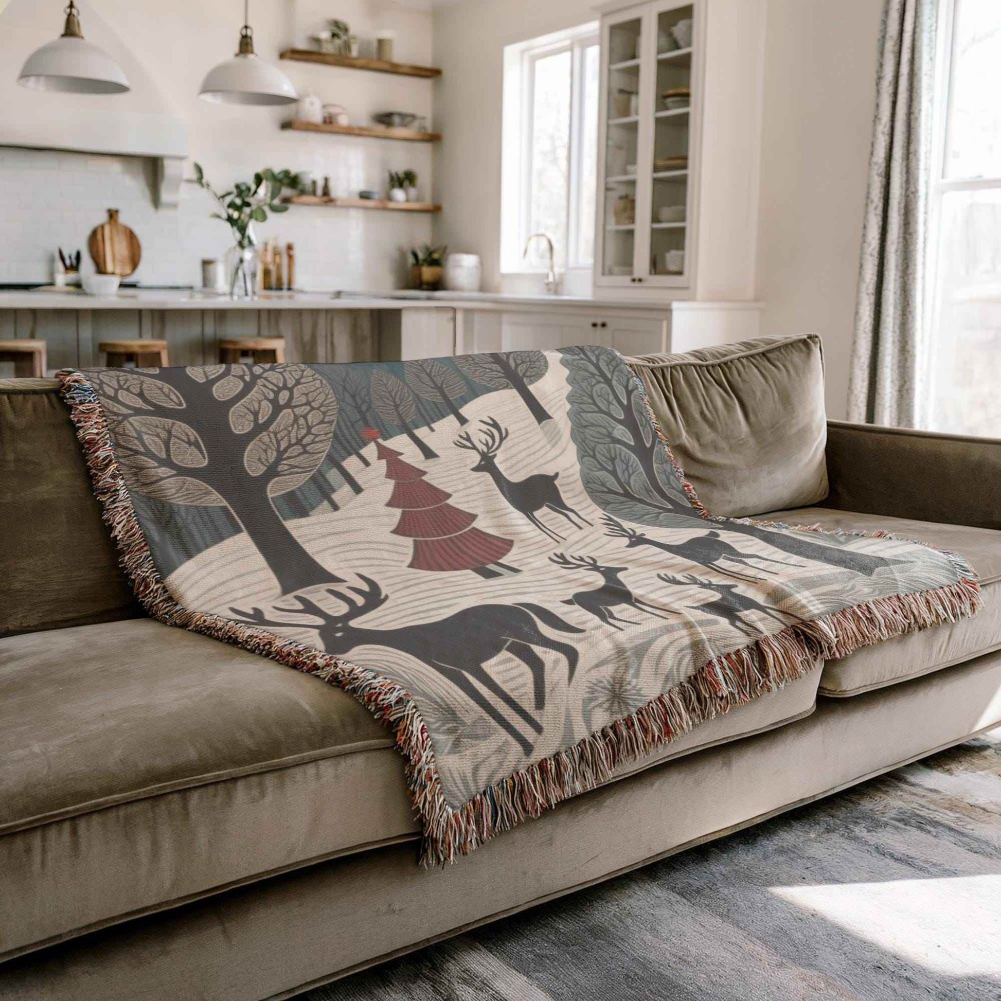 Holiday Couch Cover - Cozy Cotton Throw with Reindeer Blanket | Winter Forest Decor - timelessbohochic.com