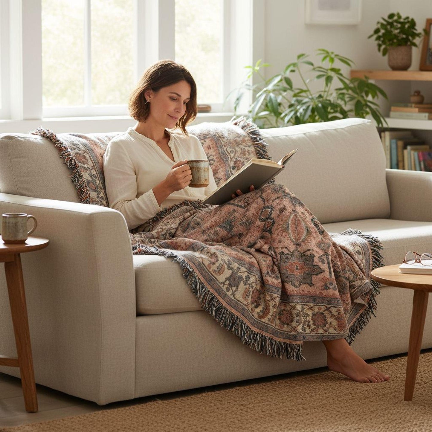 Caucasian Rug Inspired woven wall tapestry with geometric pattern styled as textile wall decor