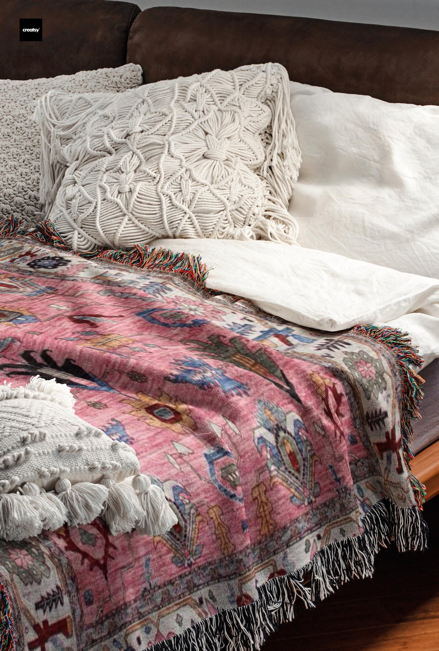 Anatolian Inspired woven blanket with rug-style pattern styled for layered home decor