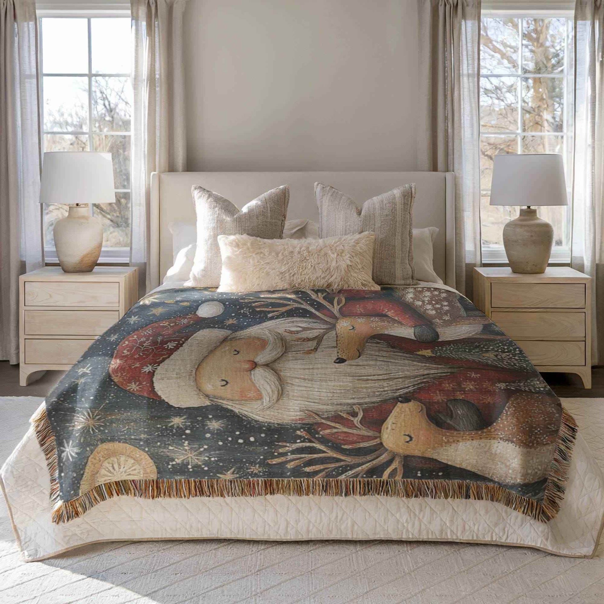 Christmas Woven Blanket – Santa Claus Throw with Fringed Edge, Cozy Holiday Bed Throw - timelessbohochic.com