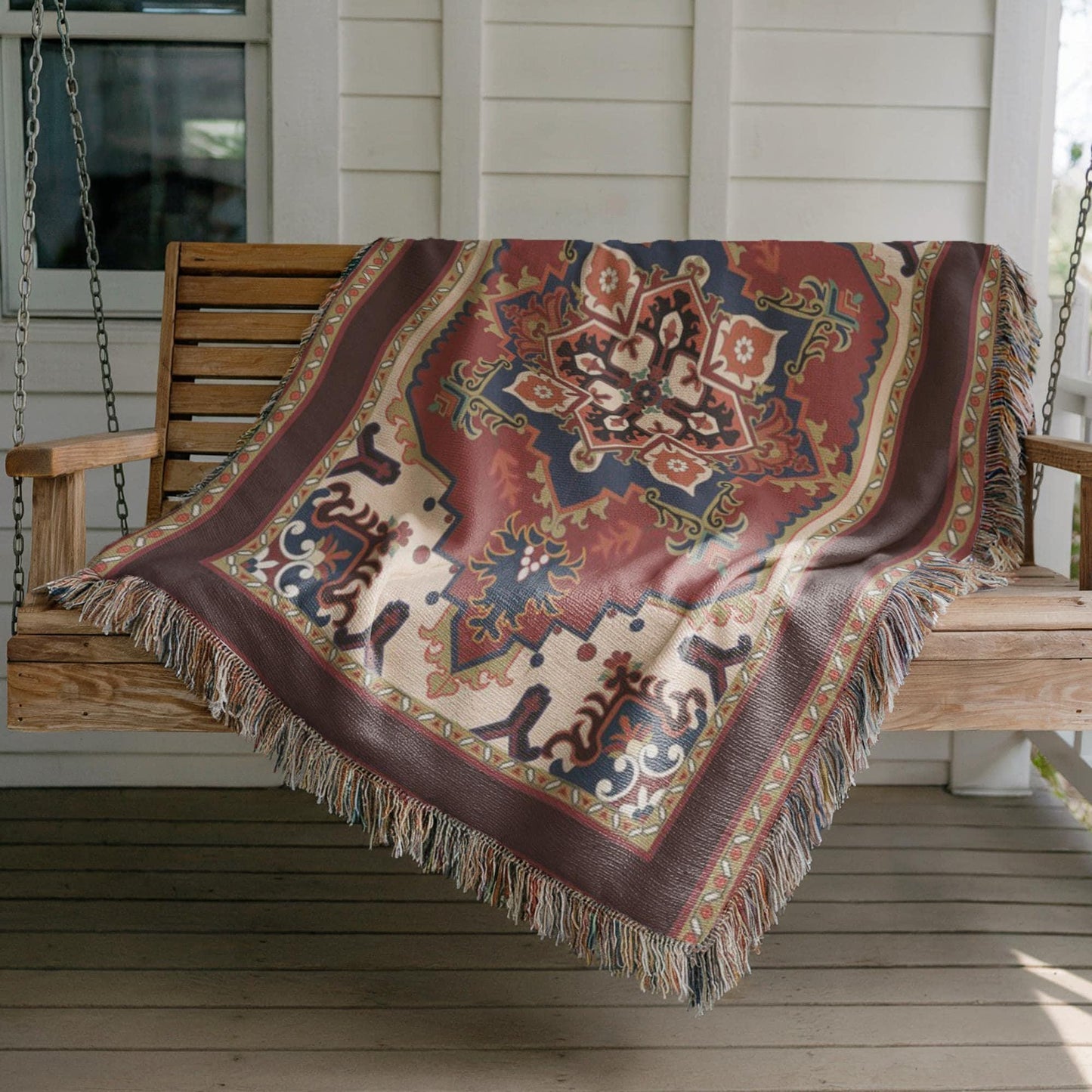 Moroccan Inspired woven wall tapestry with rug-style pattern styled as textile wall decor