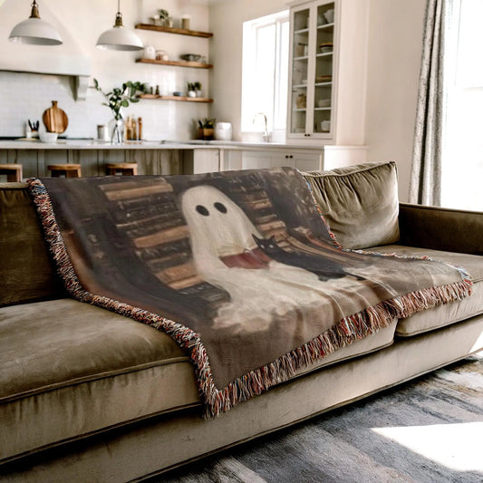 Ghost Book Blanket – Cozy Cat Throw | Soft Cotton Cover, Halloween Decor
