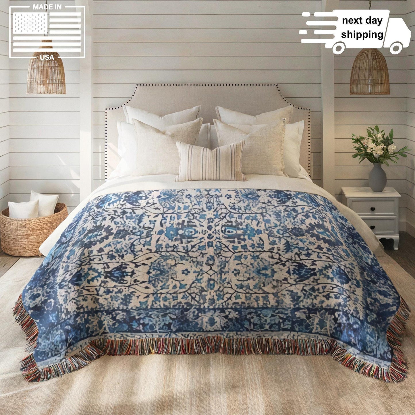 Caucasian Rug Inspired woven blanket with geometric pattern styled for layered home decor