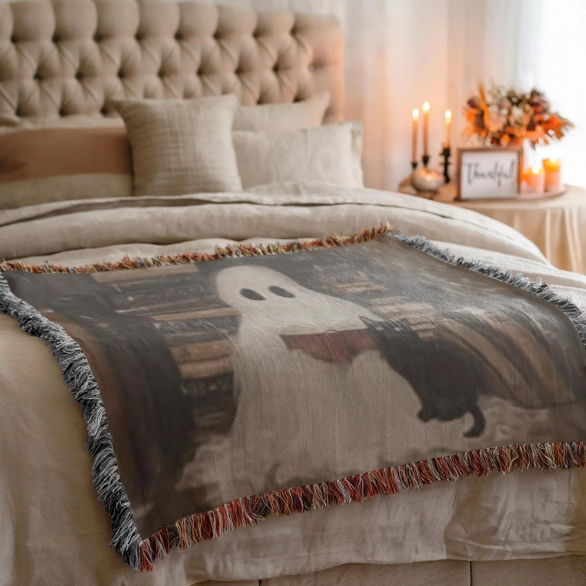 Ghost Book Blanket – Soft Cotton Throw | Cat Cozy Throw | Halloween Home Decor