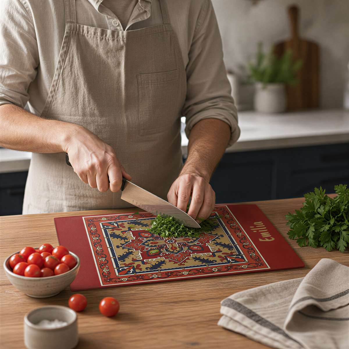 Personalized Armenian rug cutting board in use, a cook chopping herbs beside a bowl of tomatoes