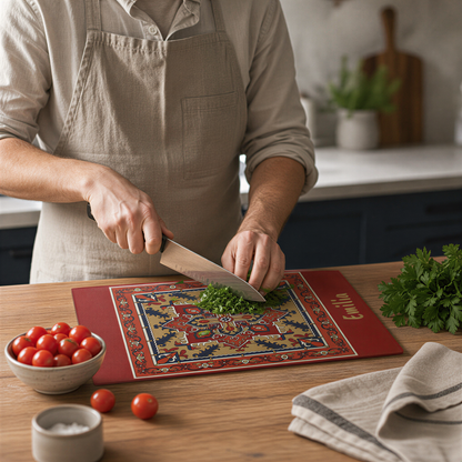 Personalized Armenian rug cutting board in use, a cook chopping herbs beside a bowl of tomatoes