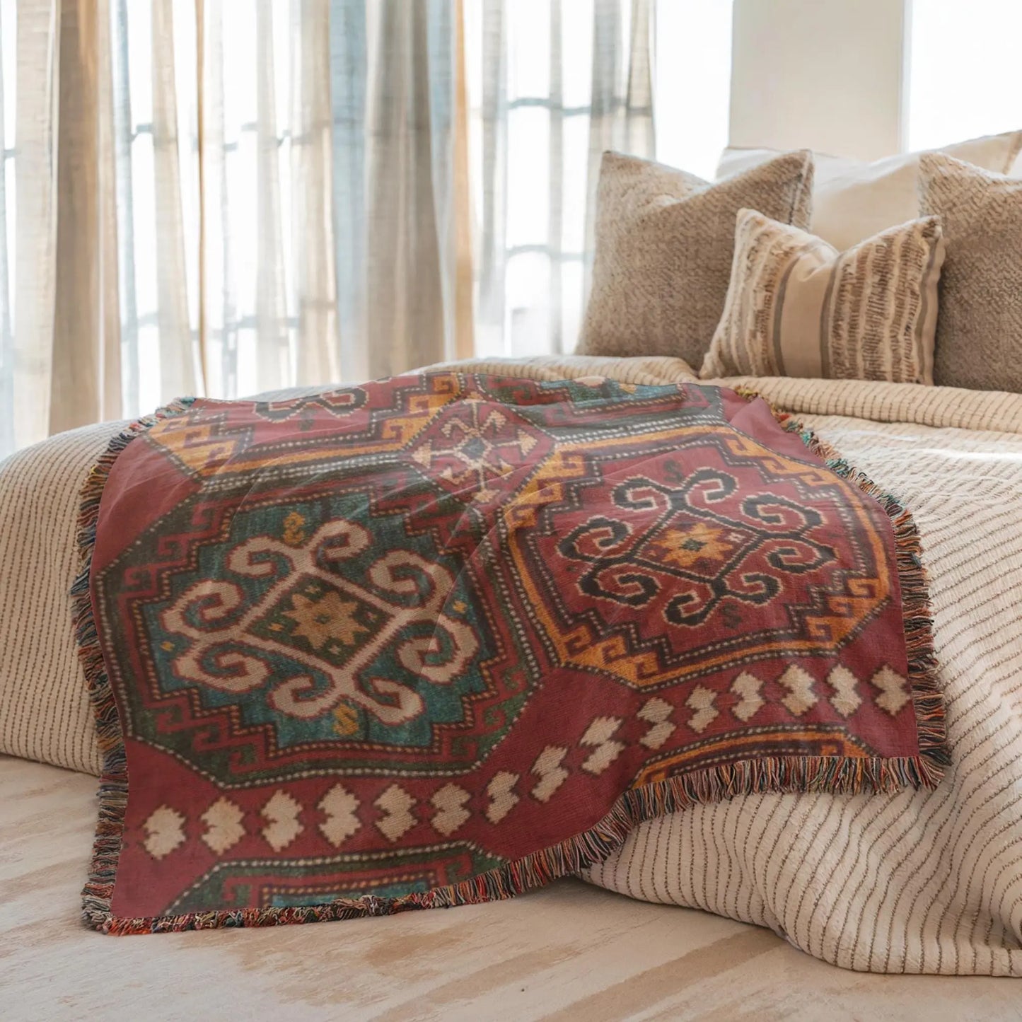 Woven Blanket - Turkish Throw With Anatolian Pattern & Colorful Fringed Edges