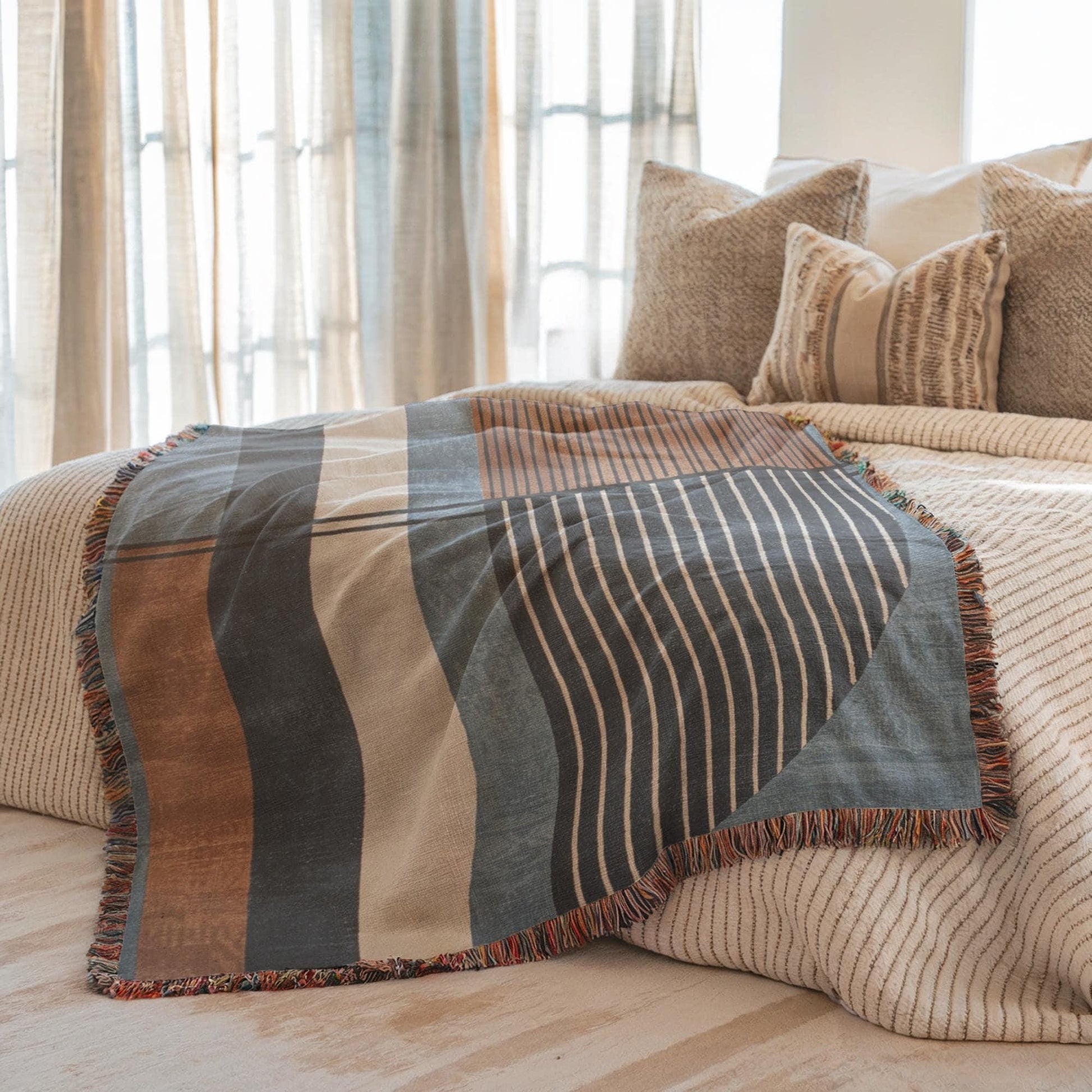Woven Cotton Blanket - Modern MCM Blue Rust Brown Throw with Colorful Fringed Edges