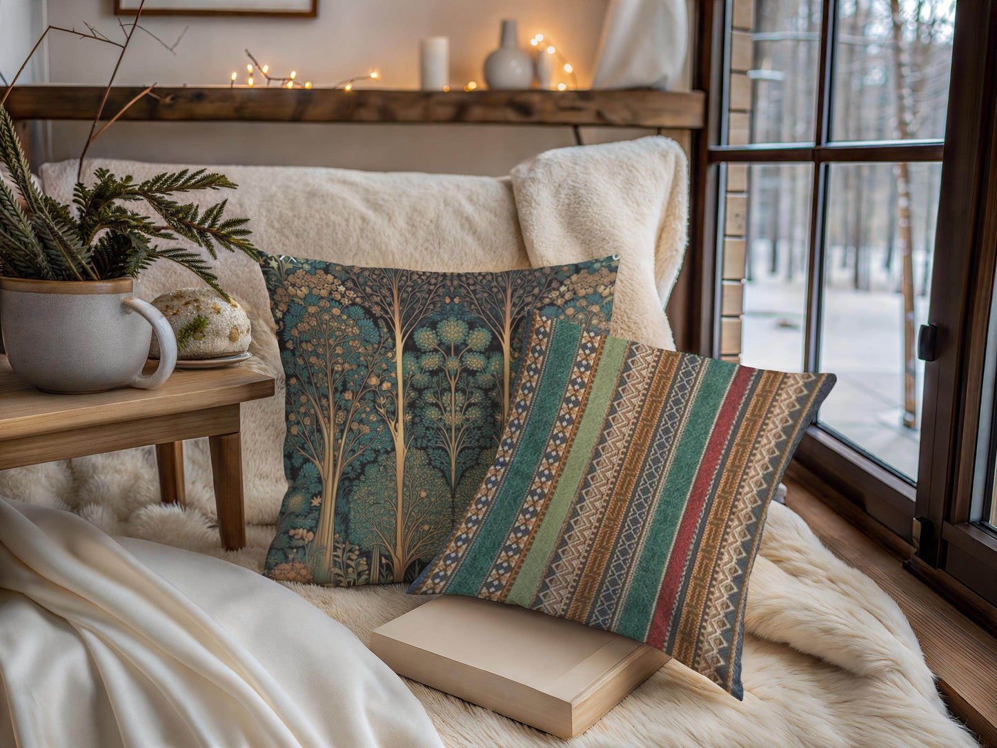 Art Deco Pillow – Woven Cotton Cushion with Insert | Elegant Forestcore Design - timelessbohochic.com