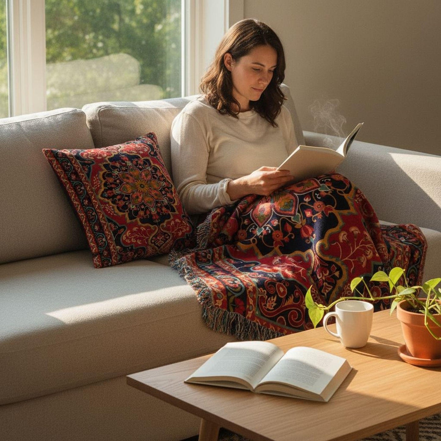 Anatolian Inspired throw pillow with rug-style pattern styled on a sofa or bed
