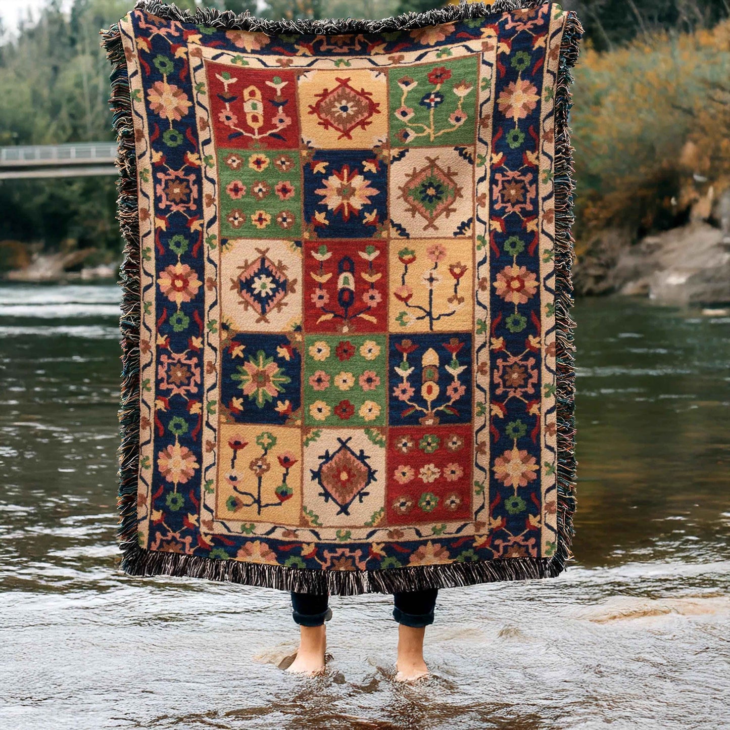 Anatolian Inspired outdoor woven throw blanket with floral pattern for patio styling