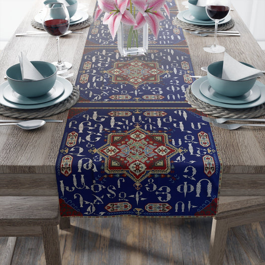 Armenian Table Runner – Blue White Runner | Handcrafted Ethnic Table Decor
