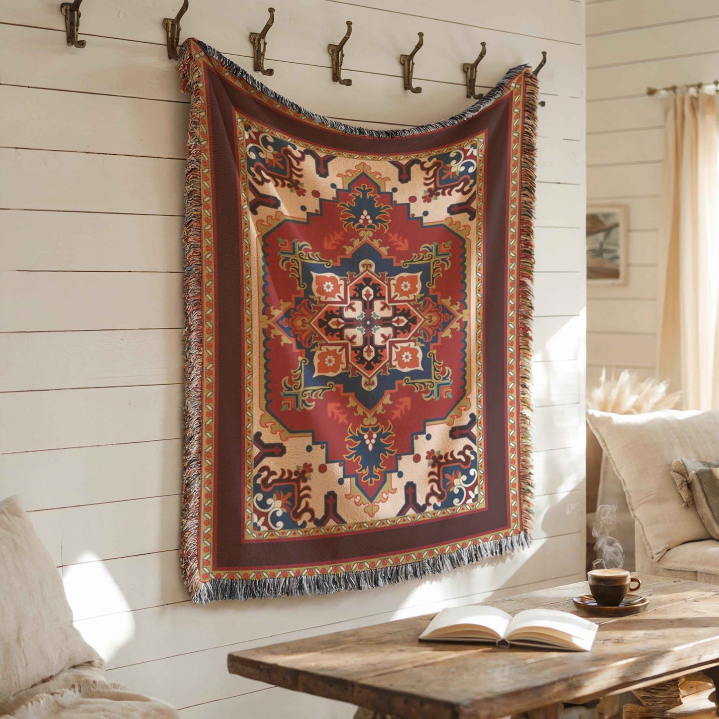Anatolian Inspired woven wall tapestry with rug-style pattern styled as textile wall decor