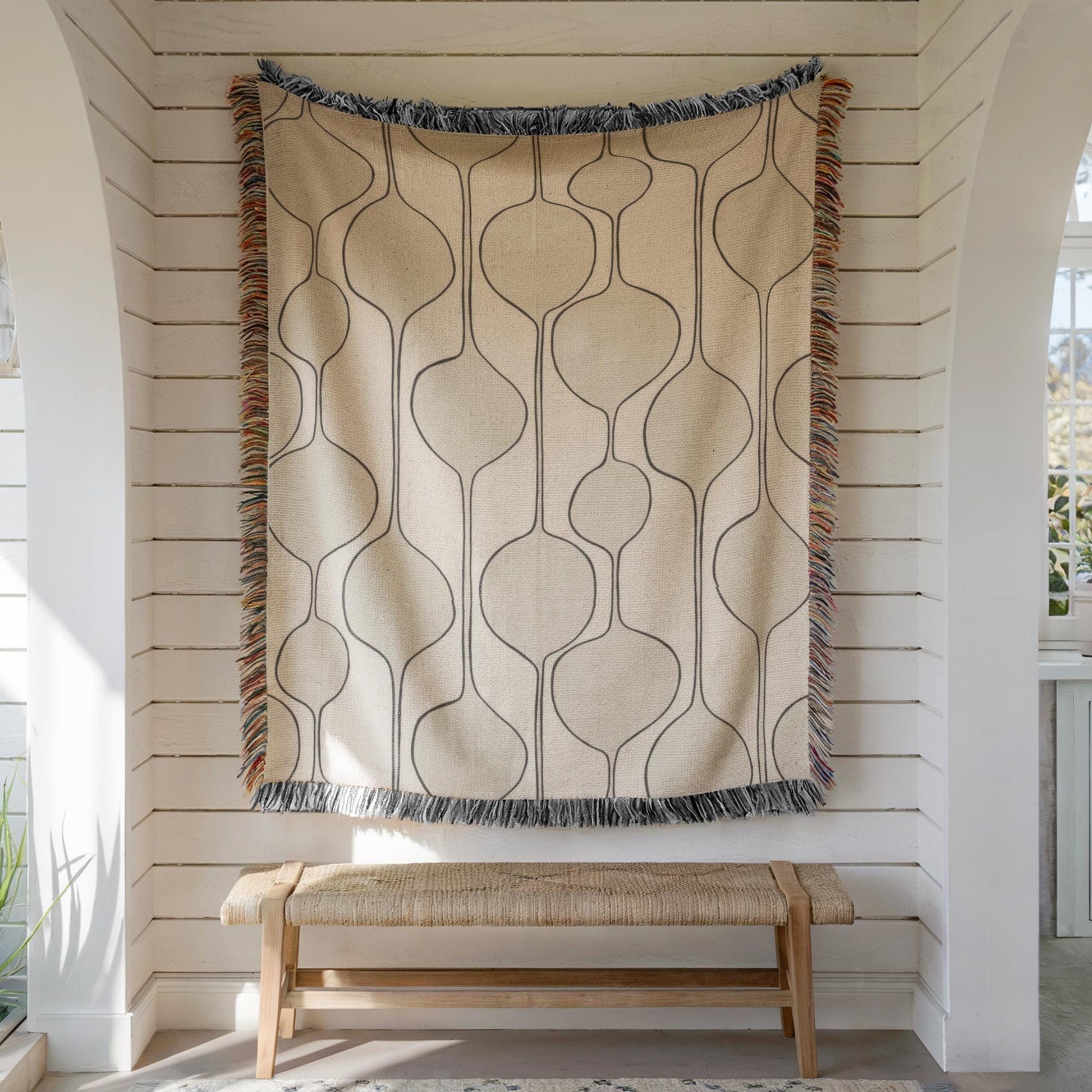Mid Century Modern Tapestry - Woven Cotton Wall Hanging With Boho Fringed Edges