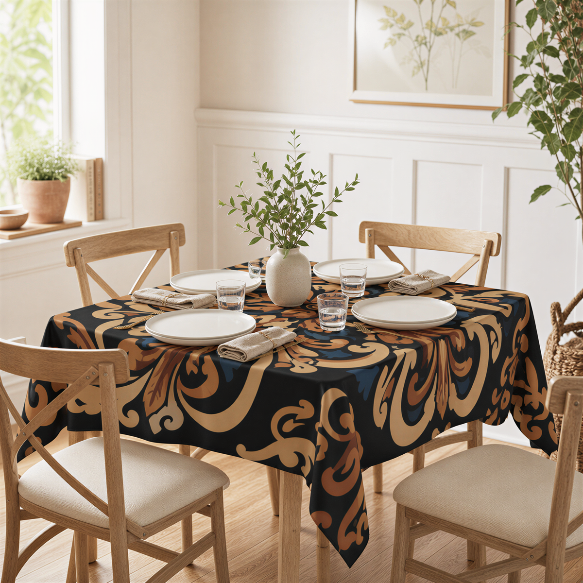 Black and sand Armenian tablecloth on a table with wooden chairs and an olive branch in a jug