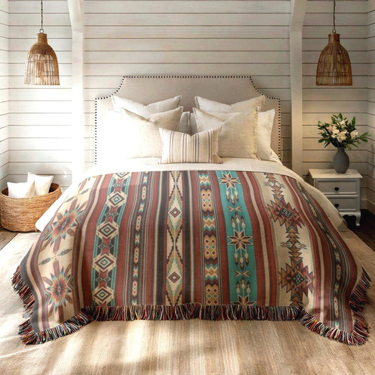 Navajo Pattern Bedding, Southwestern Inspired Bed Cover, Native American Blanket, Ethnic Bed Throw, Tribal Bedroom Decor,