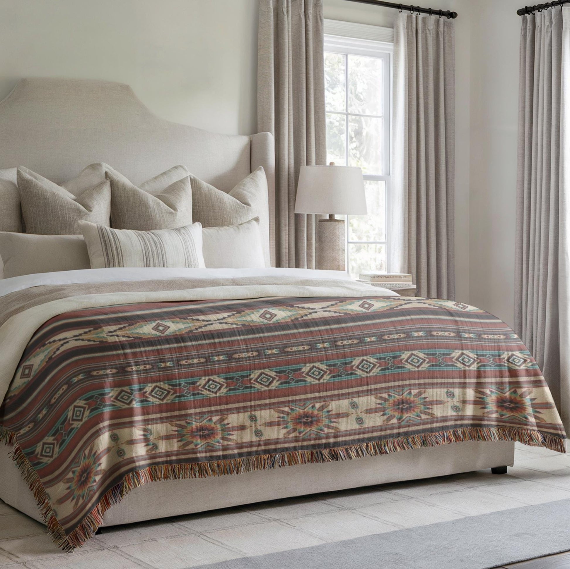 Navajo Pattern Bedding, Southwestern Inspired Bed Cover, Native American Blanket, Ethnic Bed Throw, Tribal Bedroom Decor,