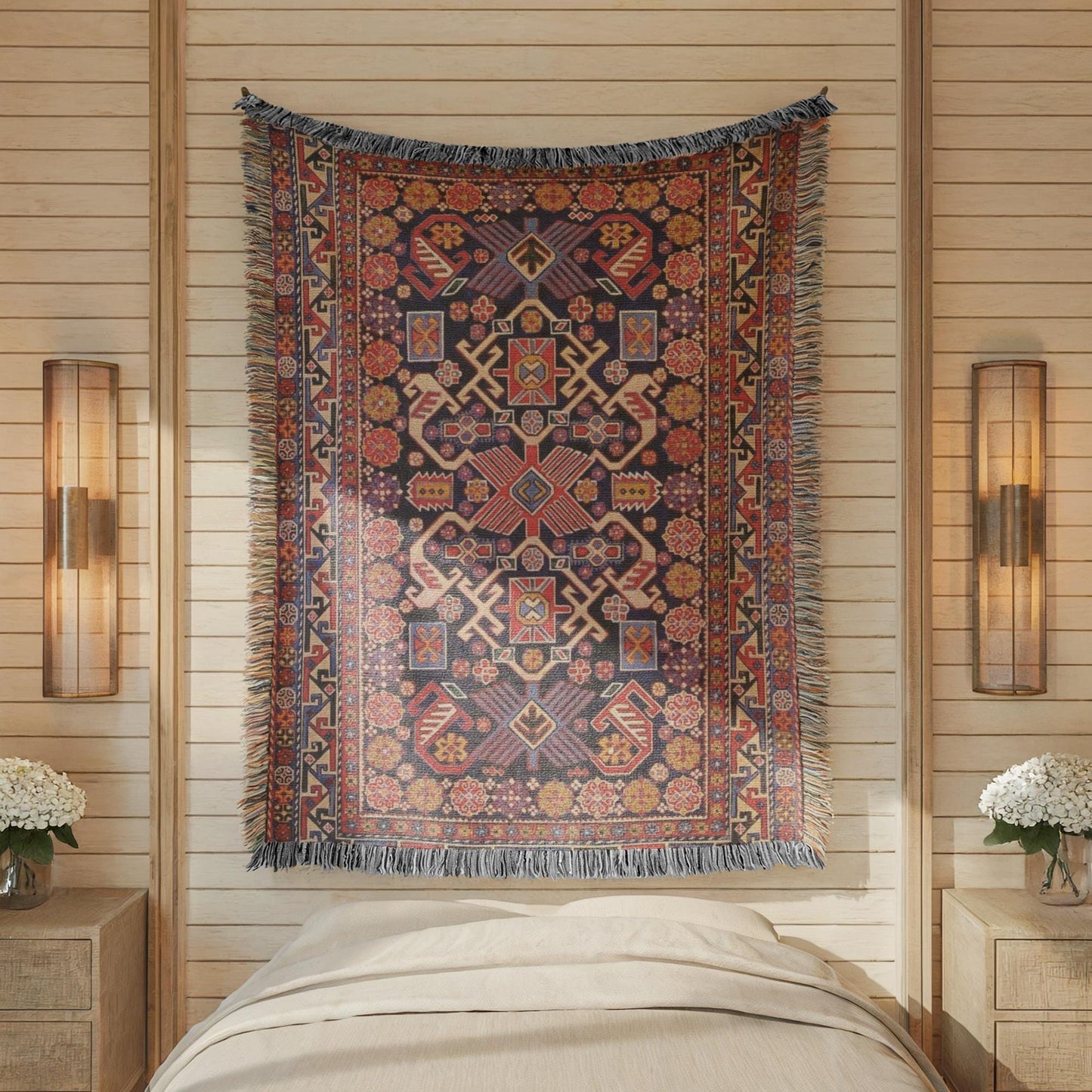 Anatolian Inspired woven wall tapestry with rug-style pattern styled as textile wall decor