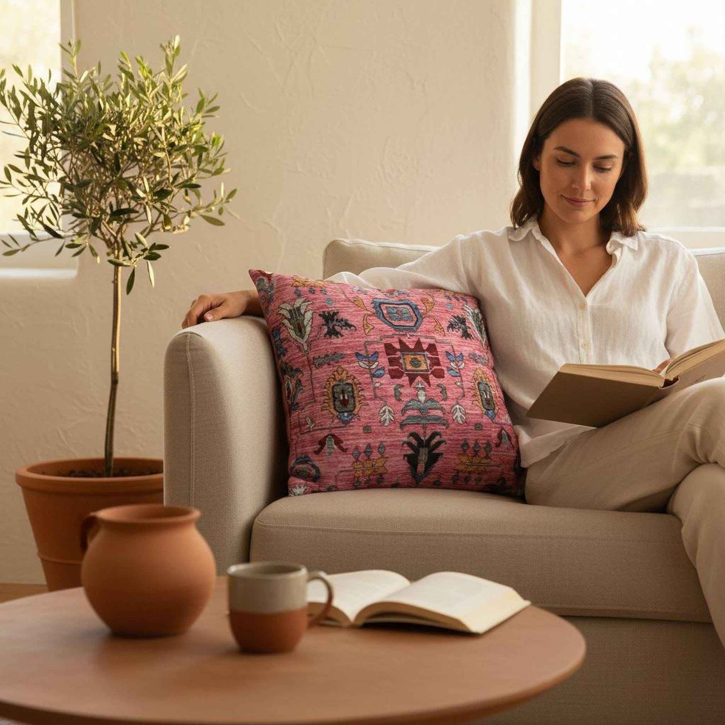 Anatolian Inspired pillow cover with rug-style pattern styled on a sofa or bed
