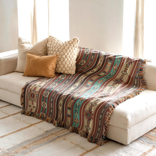 Navajo Pattern Blanket – Southwestern Throw With Colorful Fringed Edges For Cozy Living Room Decor