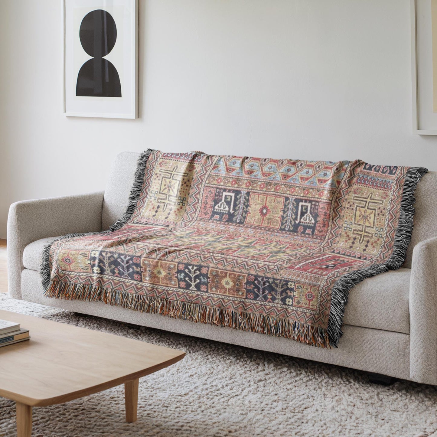 Caucasian Rug Inspired woven blanket with geometric pattern styled for layered home decor