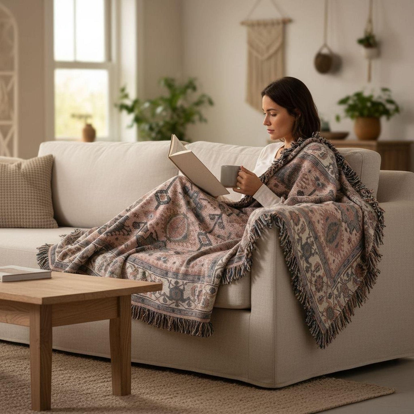 Caucasian Rug Inspired woven wall tapestry with geometric pattern styled as textile wall decor