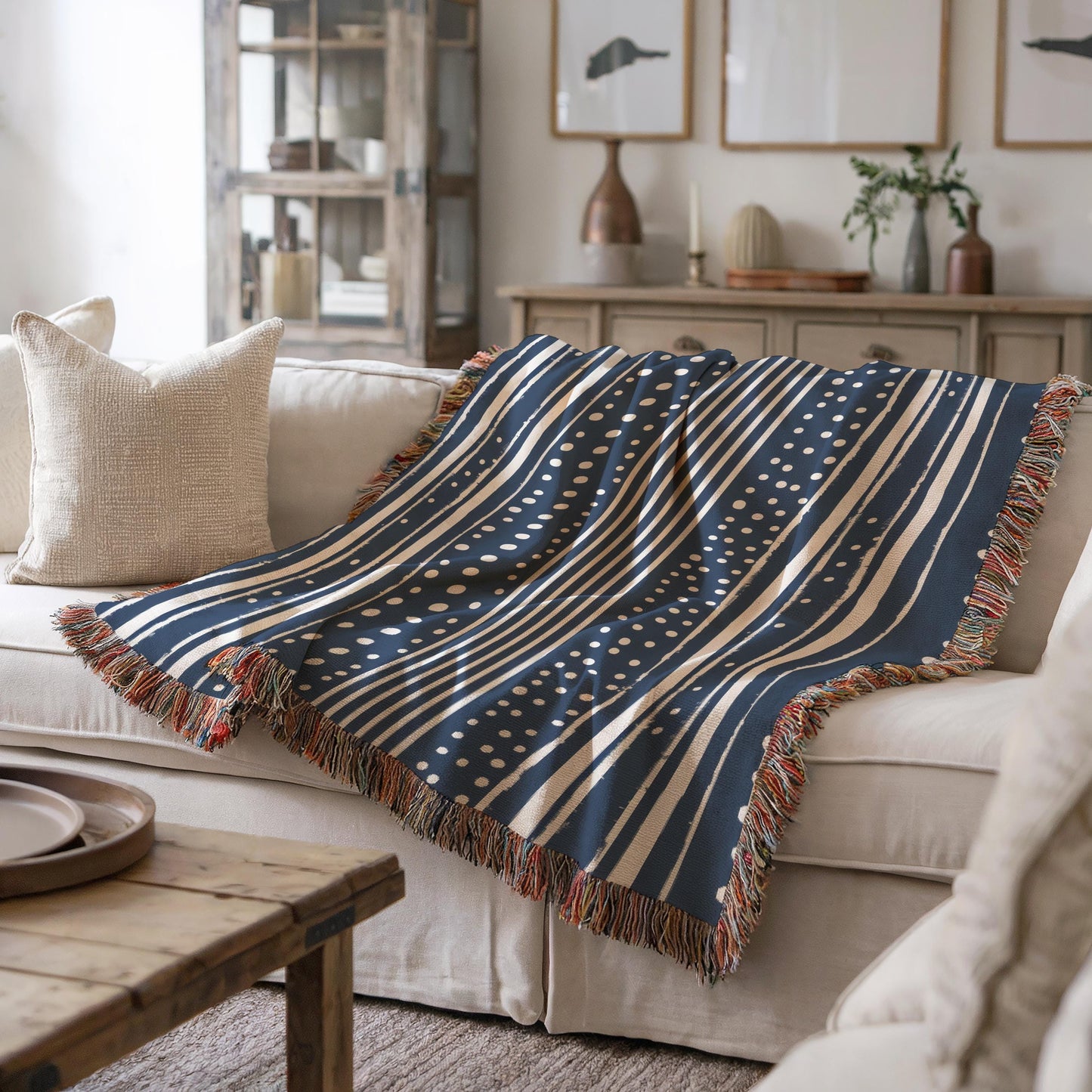 Cotton Throw Blanket – Woven Couch Throw With Blue & White Dots Pattern