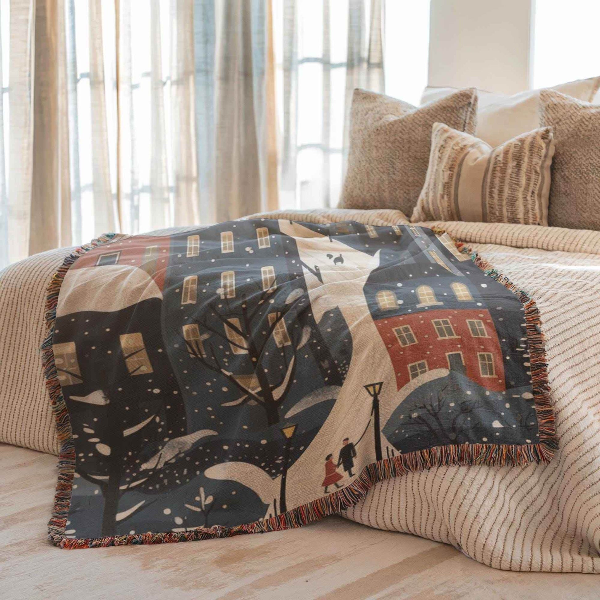 Xmas Village Throw Blanket – Cozy Cotton Woven Holiday Decor with Fringed Edges - timelessbohochic.com
