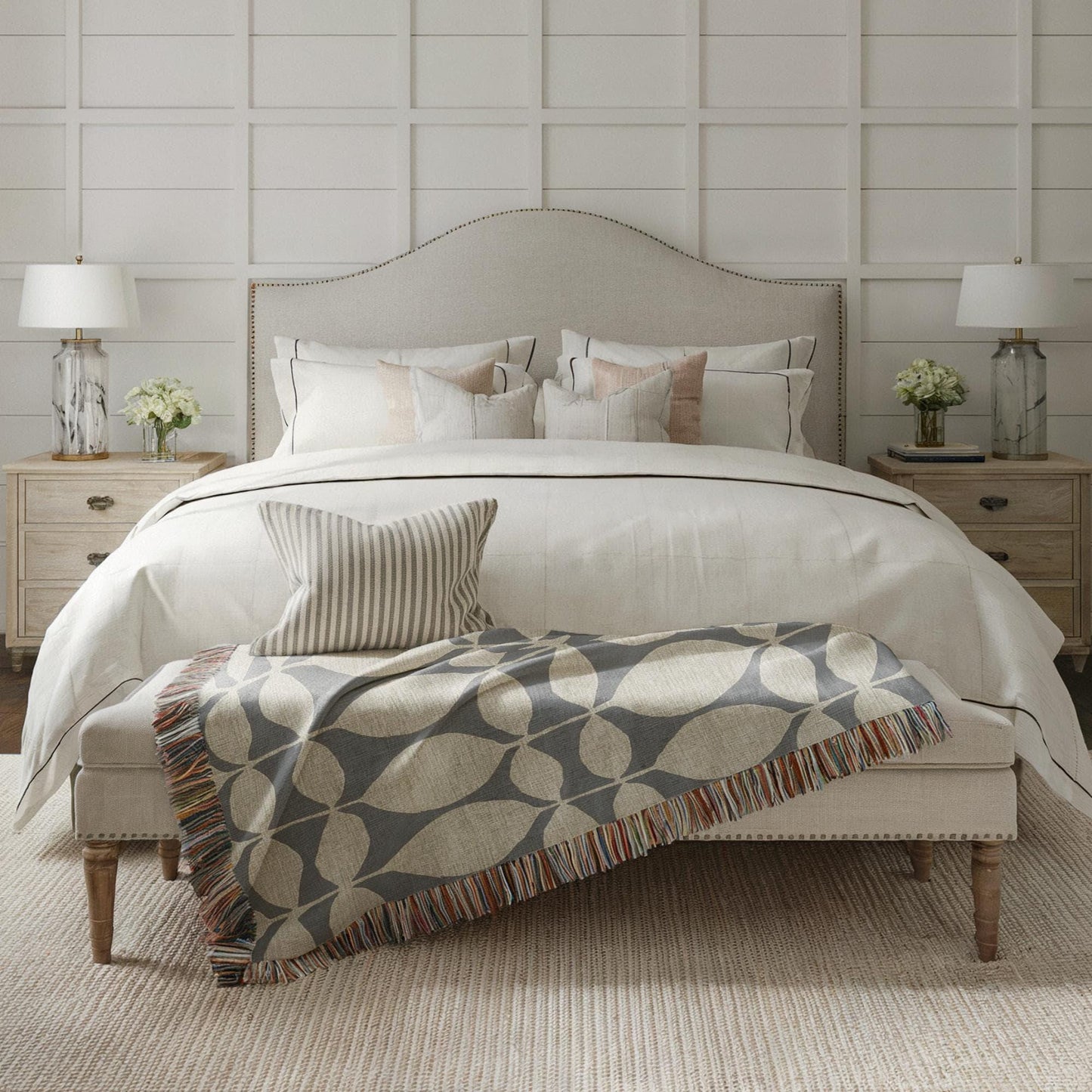 Modern Geometric woven blanket with geometric pattern styled for layered home decor