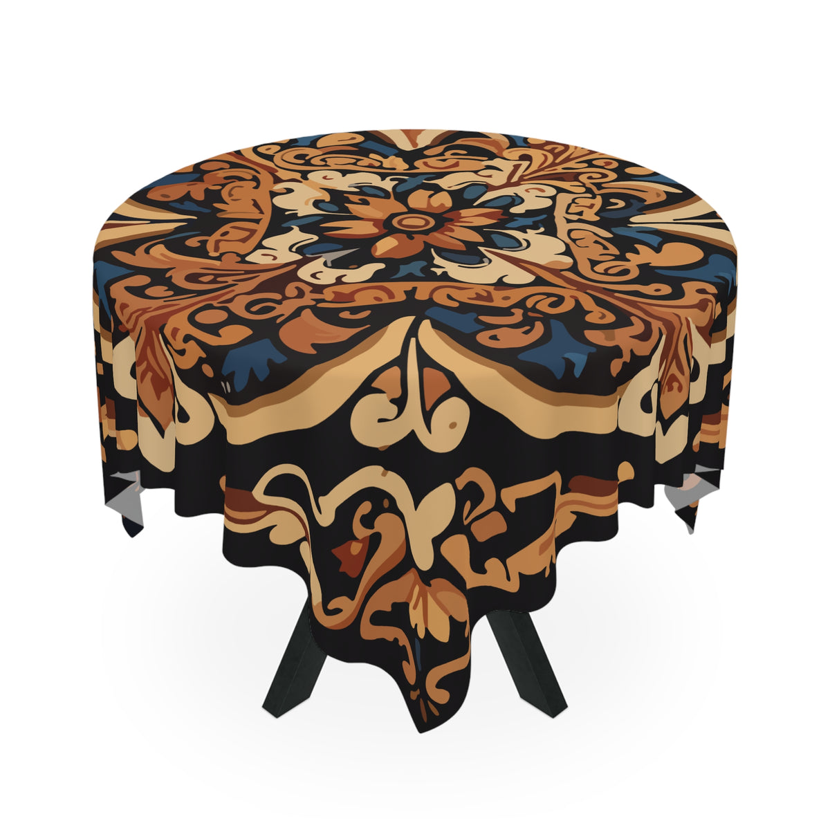 Black and sand Armenian tablecloth on a rectangular table with wooden chairs and house plants