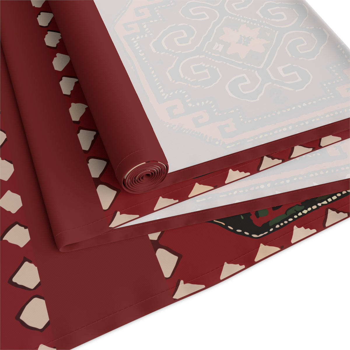 Anatolian Armenian carpet table runner in deep red shown on a dark wood dining table