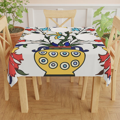 Yellow peacock Armenian tablecloth draped over a round table beside a window