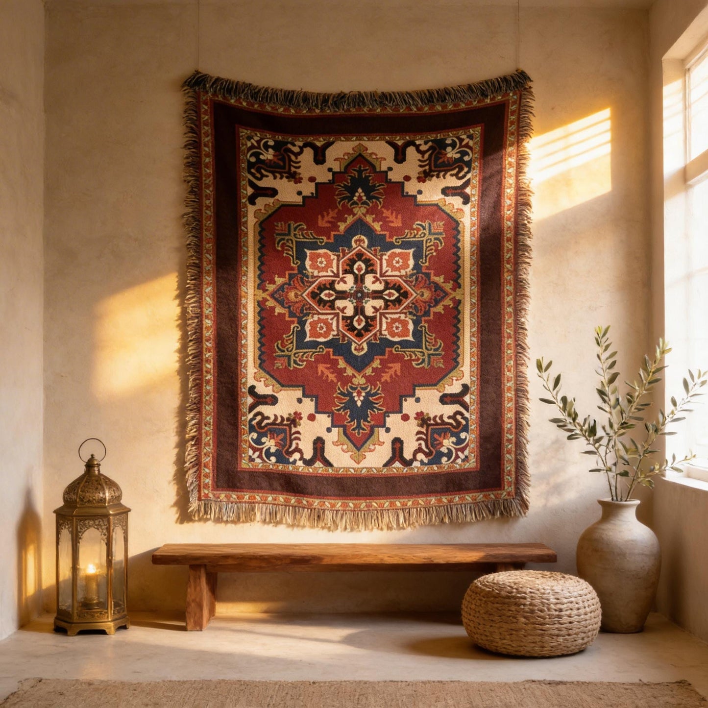 Moroccan Inspired woven wall tapestry with rug-style pattern styled as textile wall decor